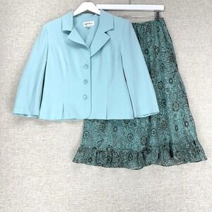 Studio I Skirt Suit Set Womens 10 Aqua Green Floral 2 Piece Jacket Skirt